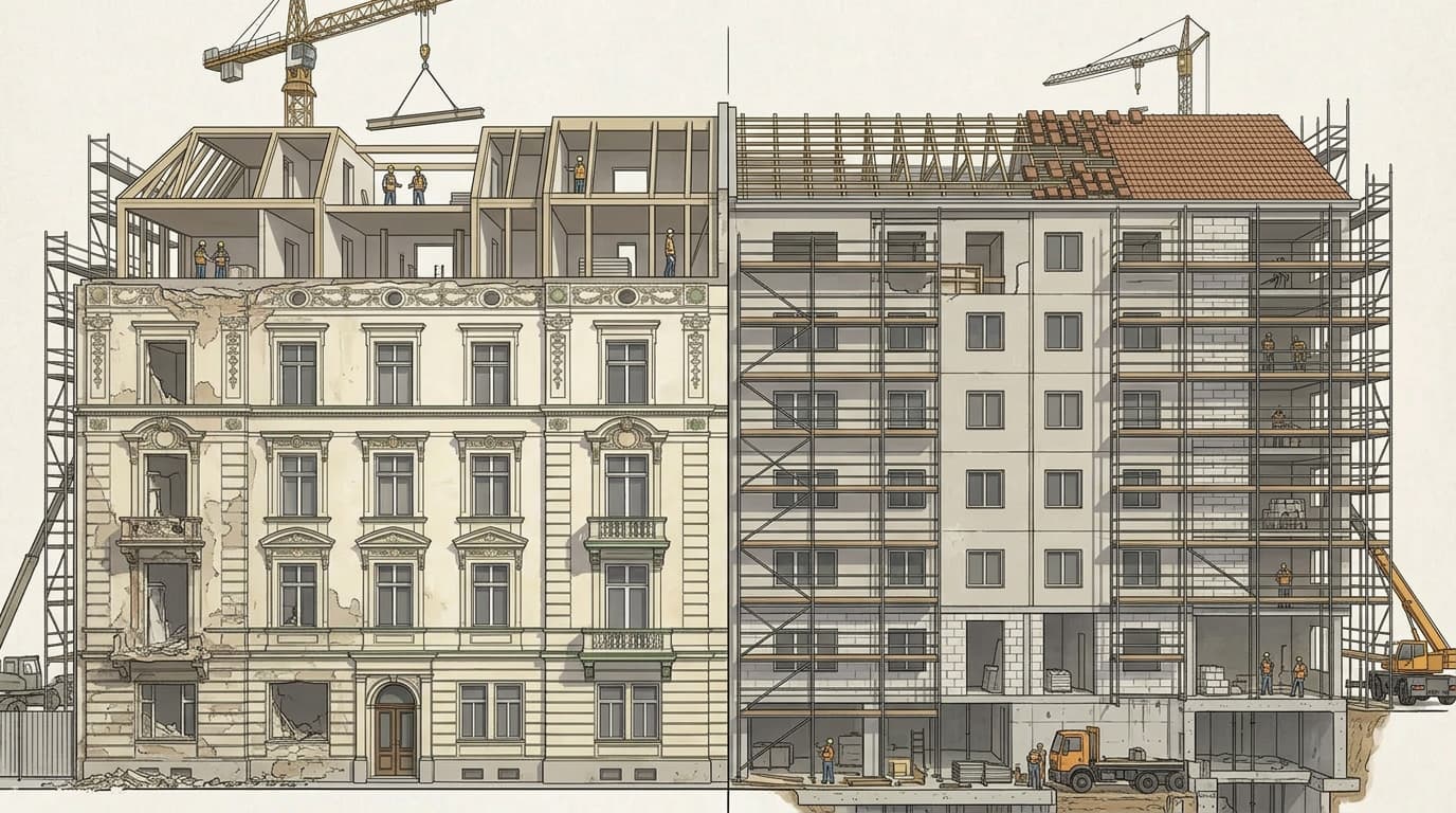 Zwei Gebäude in Renovierung auf der linken Seite ein Altbau und auf der rechten Seite ein Neubau