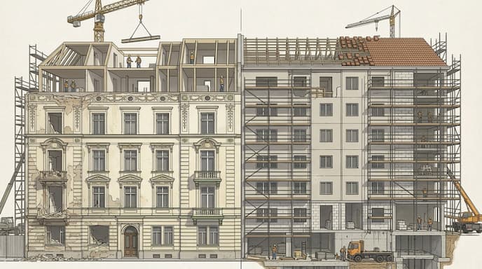 Zwei Gebäude auf der linken Seite ein Altbau und auf der rechten Seite ein Neubau.