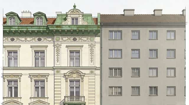Zwei Gebäude auf der linken Seite ein Altbau und auf der rechten Seite ein Neubau.