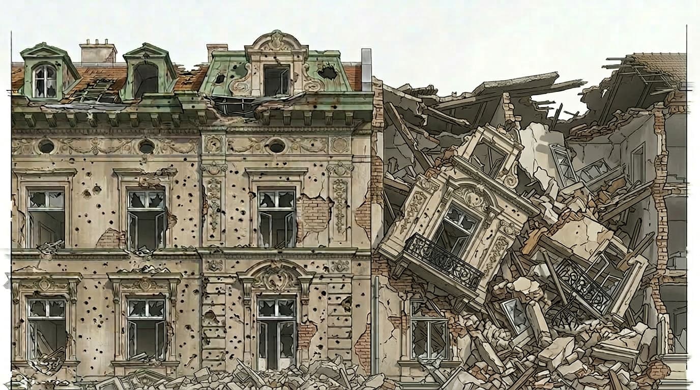 Zwei Gebäude in Wien mit sichtbaren Kriegsschäden.